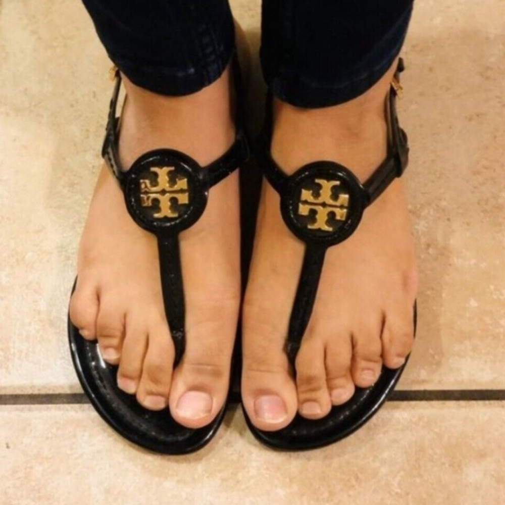 Tory Burch Black Patent Leather T-Strap Sandals with Gold Logo - Picture 4 of 11